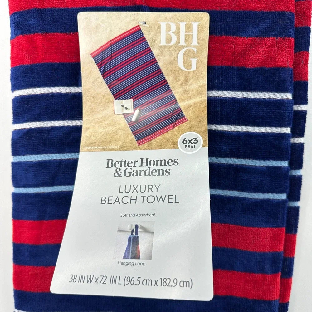 BHG 2PC Navy Clarence Stripe Anchor Beach Towels 6x3 Oversized Soft Vacation red
